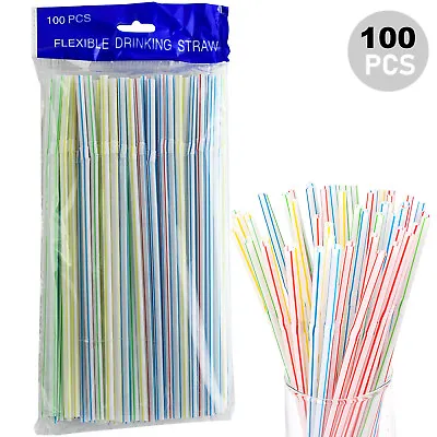 Buy 100x Straws Plastic Bendy Large Colourful Drinking Straws Birthday Summer Party • 3.09£