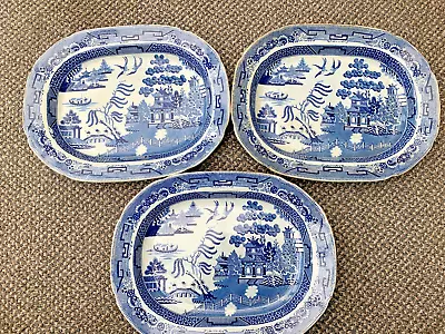 Buy 3 Ironstone Pearlware Victorian Blue Willow Pattern Meat Platters Serving Dishes • 10£