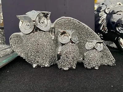 Buy Crushed Diamond Silver Crystal Stunning Owl Set Of 3, Ornament Bling  • 29£