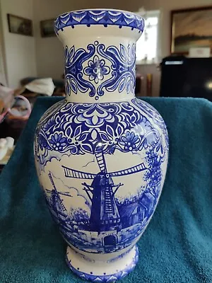 Buy Rare 10.5” T Delfts Bleau Dutch Windmill Blue White Vase • 40£