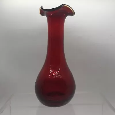 Buy Rainbow Glass Vase Red Crackle Glass Ruffled Rim  Mid Century Modern Retro 7 1/2 • 22.17£