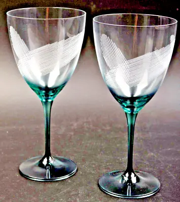 Buy CZECH REPUBLIC CRYSTAL Aqua Wine Glass Etched Lines Set/2 Drinkware New • 39.51£