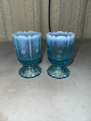 Buy 1 Pair Of Fenton Daisy Blue Opalescent Vaseline UV Glass Votive Candle Holder • 33.56£