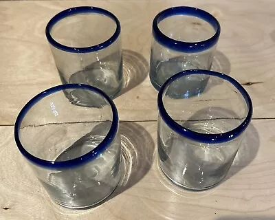Buy Mexican Hand Blown Glassware Cobalt Blue Rims Set Of 4 Glasses 4  Tall • 33.25£