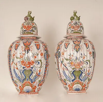 Buy Antique Delft Vases Polychrome Covered Baluster Vases Foo Cats Hand Painted Pair • 2,774.76£