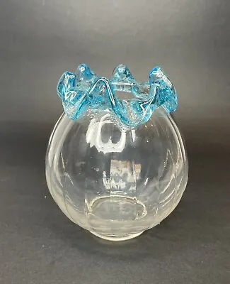 Buy Vintage Glass Blue Crest Crimped Edge Rose Bowl Vase 5.5  Hand Blown Straw Marks • 17.29£