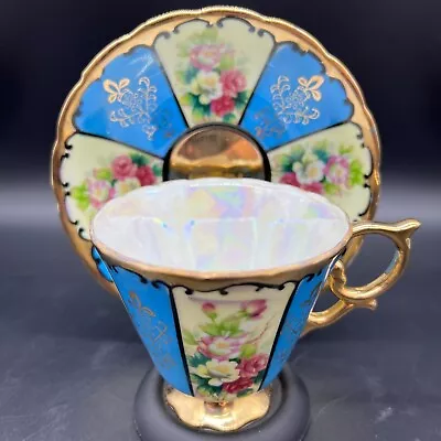Buy Vintage Royal Sealy Rose Panel Blue Gold Footed Tea Cup & Saucer Set Japan • 12.45£