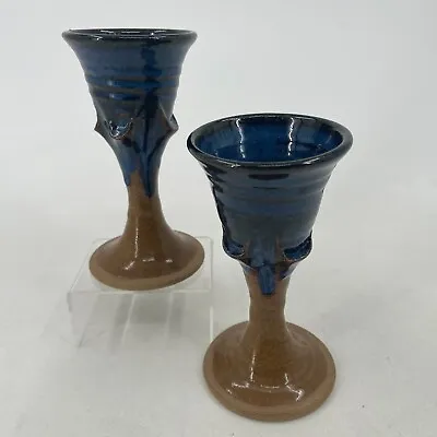 Buy Studio Pottery Chalice Blue Brown Glaze Hand Crafted Wine Glasses Rare Set Of 2 • 263.73£