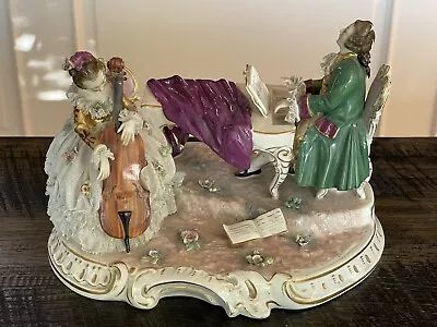 Buy Large Vintage Dresden German Porcelain Lace Figurine Couple Playing Instrument • 273.75£