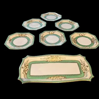 Buy Noritake Hand Painted Moriage Green Ivory Gold Tray 6 Desert Plates Vintage Vgc • 165£