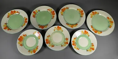Buy Art Deco Clarice Cliff Bizarre Crocus Pattern Pottery 4 Tea Plates & 3 Saucers • 29£
