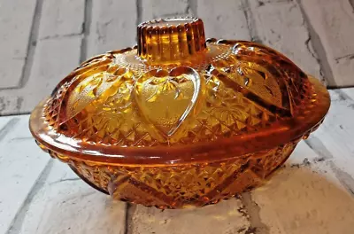 Buy Vintage Pasari Indonesia  Amber Glass Pressed Hearts Bowl With Lid  • 14.99£