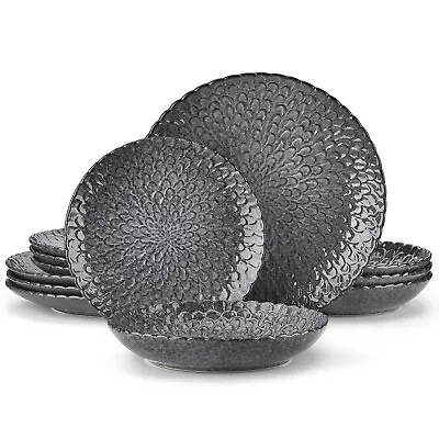 Buy Vancasso Dinner Set 12 Piece Stoneware Plates Bowls Set Service For 4 Grey Round • 56.04£