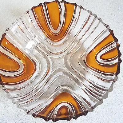 Buy Mid Century Glass Bowl Pressed Fluted Amber Accents Vintage Retro MCM • 12.95£