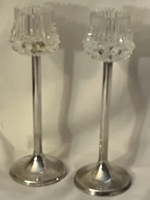 Buy 2 Vintage Tulip Cut Glass With Silver Plated Base Candle Holders - West Germany • 24.12£