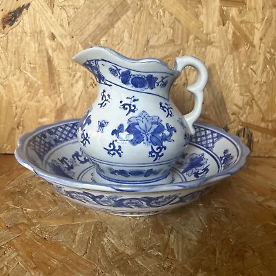 Buy Vintage Chinese Candlelight Blue White Chinoiserie Wash Stand Jug Pitcher & Bowl • 35£