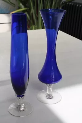 Buy Complimentary Pair Cobalt Blue Glass Bud Vase Clear Glass Swirl Pedestal & Foot • 10£