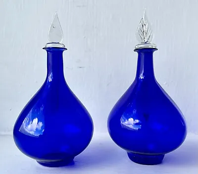 Buy Vintage X 2 Glass Round Cobalt Blue Apothecary Perfume Bottles & Leaf Stoppers • 35£