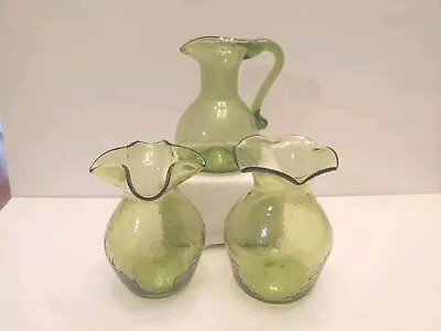Buy 3 Green Crackle & Bubble Art Glass Vase  Ruffled Edge  Handle 5  Handblown • 18.89£