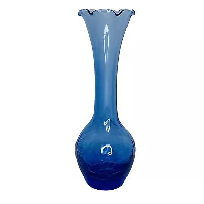 Buy Crackle Glass Ruffled Rim Vintage Blue Bud Vase 6.5” Tall • 12.63£