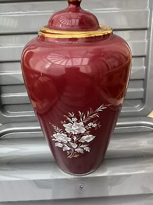 Buy Prinknash Pottery Burgundy Storage Jar / Pot With Lid, With Gold Gilt Edging. • 10.99£