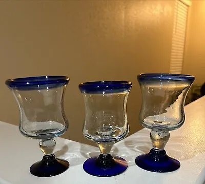 Buy 3 Mexican Hand Blown Curvy Glassware Cobalt Blue Rim Water Wine Glass 5”X 3”EUC • 30.81£