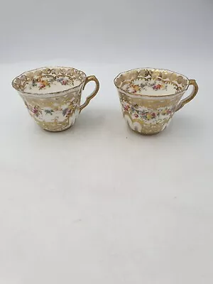 Buy Antique Crown Staffordshire Bone China Tea Cups Heavy Gilt Floral Scalloped Pair • 24.99£