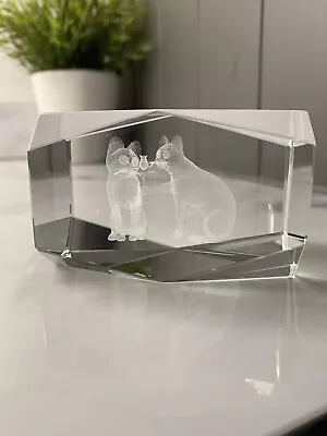 Buy Vintage 3D Laser Etched Crystal Glass Cats & Flower Paperweight  • 8£
