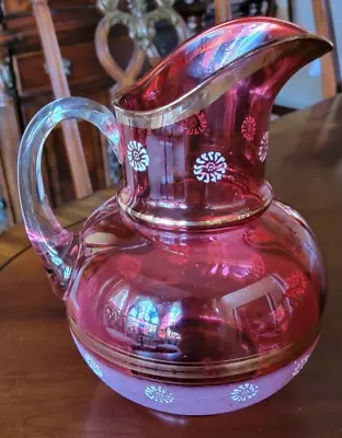 Buy Antique Victorian Cranberry Glass Enameled Floral Pitcher And Tumblers Set • 52.18£