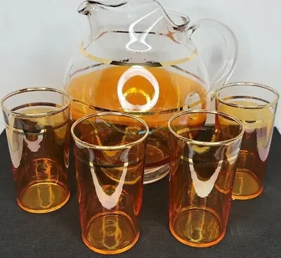 Buy Set Of 5 Vtg 1940s Macbeth Ice Pitcher & Glasses Orange With Gold Bands 8oz/64oz • 81.52£