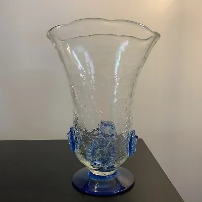 Buy Early Blenko Clear Blue Crackle Glass Vase, Applied Blue Medallion Rosette, 8.5” • 72.05£