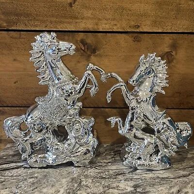 Buy Pair Of Silver Crushed Diamond/Crystal Sparkly Stallion Horse Mare Foal Ornament • 34.99£