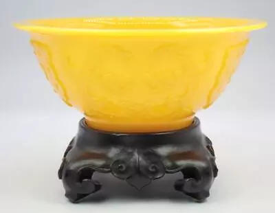 Buy Antique CHINESE 18th/19th Century IMPERIAL Yellow Peking Glass DRAGONS BOWL • 1,091.04£