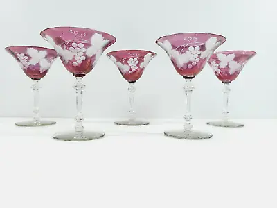 Buy 5 Vintage Bohemian Red Cranberry Ruby Engraved Cut Clear Coupe Champagne Glass • 121.25£