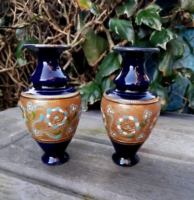 Buy Pair Antique ROYAL DOULTON Slater Cobalt Blue & Gilded 5.5   Vases C1902 • 24.95£