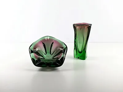 Buy Czech Green Purple Art Glass Vase & Bowl, Frantisek Zemek, Chribska • 59.99£