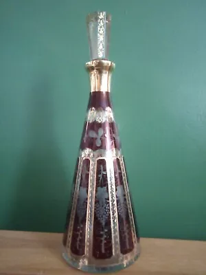 Buy Beautiful Vintage Bohemian Czech Crystal Etched Cranberry Glass Wine Decanter • 86£