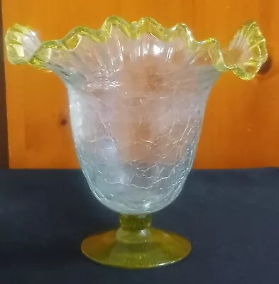 Buy MCM Vintage 1960s Blenko Clear Crackled Glass Green Ruffled Rim Footed Vase • 47.36£