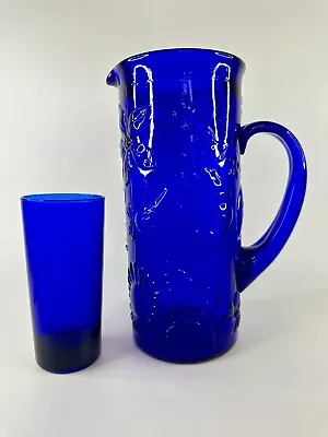 Buy Vintage? Cobalt Blue Tall Pitcher & Glass Tumbler Set 3D Floral Pattern France • 18£