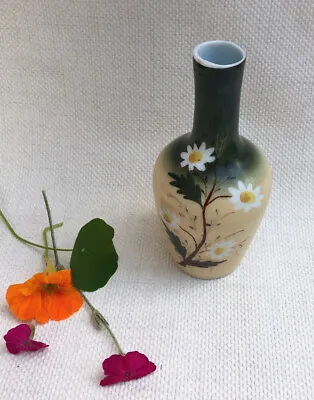 Buy Victorian Hand Painted Hand Blown Green Cream Daisy Design Milk Glass Small Vase • 19£