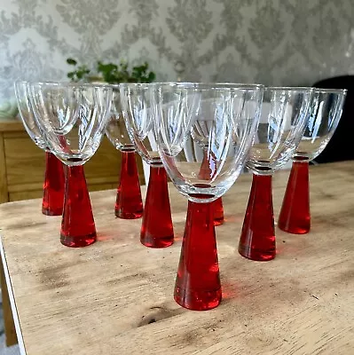 Buy Set Of 4 Goblet Wine Glasses  Solid Red Stem Modern Art Nouveau 18cm Tall • 15£