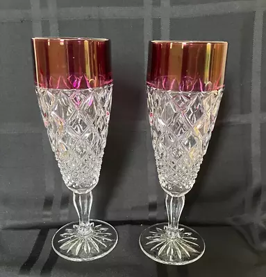 Buy Christopher Stuart Regency Ruby Champagne Crystal Glasses Diamond Cut Set 0f 2 • 18.90£