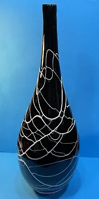 Buy Large Black Amethyst Art Glass Vase Abstract Applied Thread [Handblown 23”Tall] • 46£