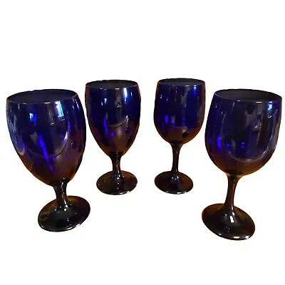 Buy Libbey Cobalt Blue Wine Goblets Vintage Glassware Set Of 4 Cursive L Water Glass • 45.51£