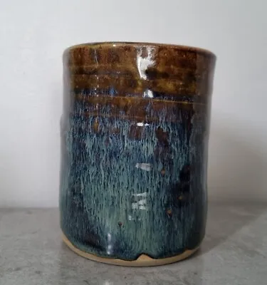Buy Vintage Blue Brown Flambe Glazed Ceramic Beaker Vase Brush Pot Studio Pottery 4  • 24.23£