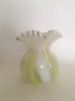 Buy Victorian Vaseline Glass Vase Frill Rim Candy Stripe Antique Art Glass • 85£