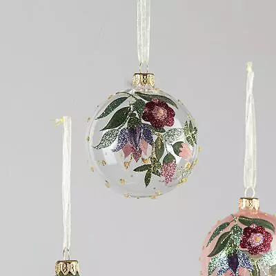 Buy Green Pink Gold Floral Glass Bauble, Glitter Flower Hanging Christmas Decoration • 8£