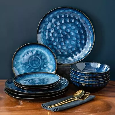 Buy 12 24 36 Pieces Blue Stoneware Ceramic Porcelain Dinnerware Set For 4 8 12 • 390.88£