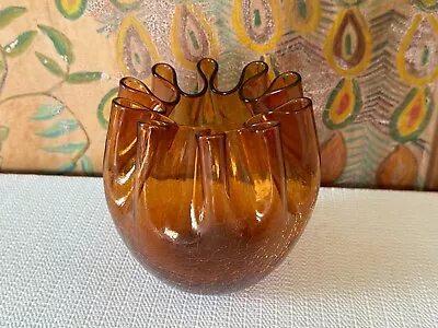 Buy Vintage MCM Ribbon Edge Crackle Art Glass Vase Bowl • 61.42£