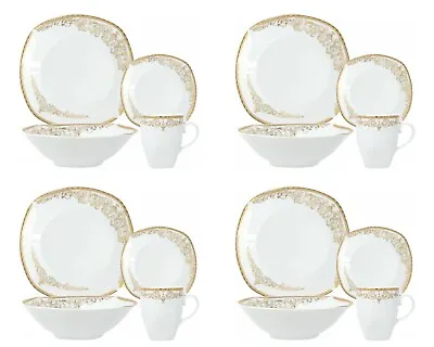 Buy 16Pc Dinner Set Vintage Porcelain Crockery Square Plate Bowl Mugs For 4 Gold • 49.95£